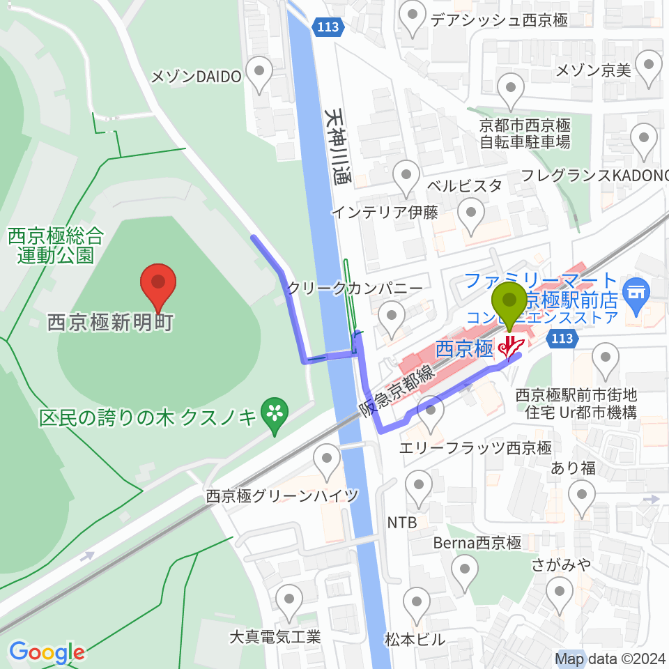 わかさスタジアム京都の最寄駅西京極駅からの徒歩ルート（約4分）地図