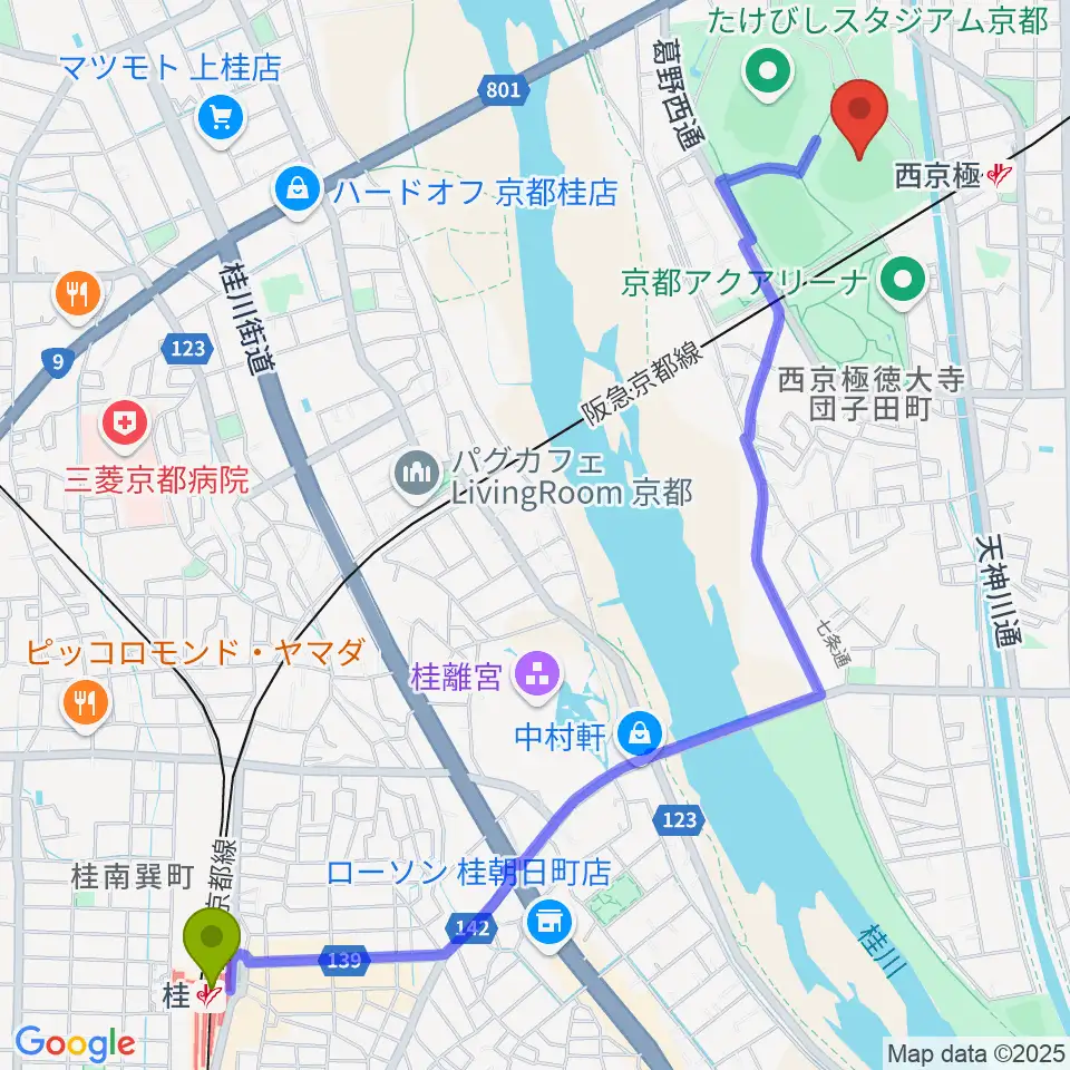 桂駅からわかさスタジアム京都へのルートマップ地図