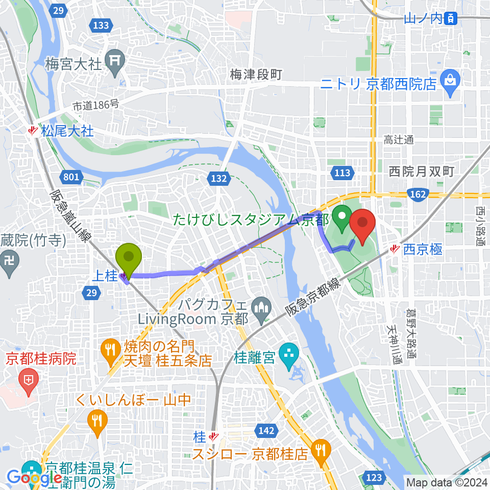 上桂駅からわかさスタジアム京都へのルートマップ地図