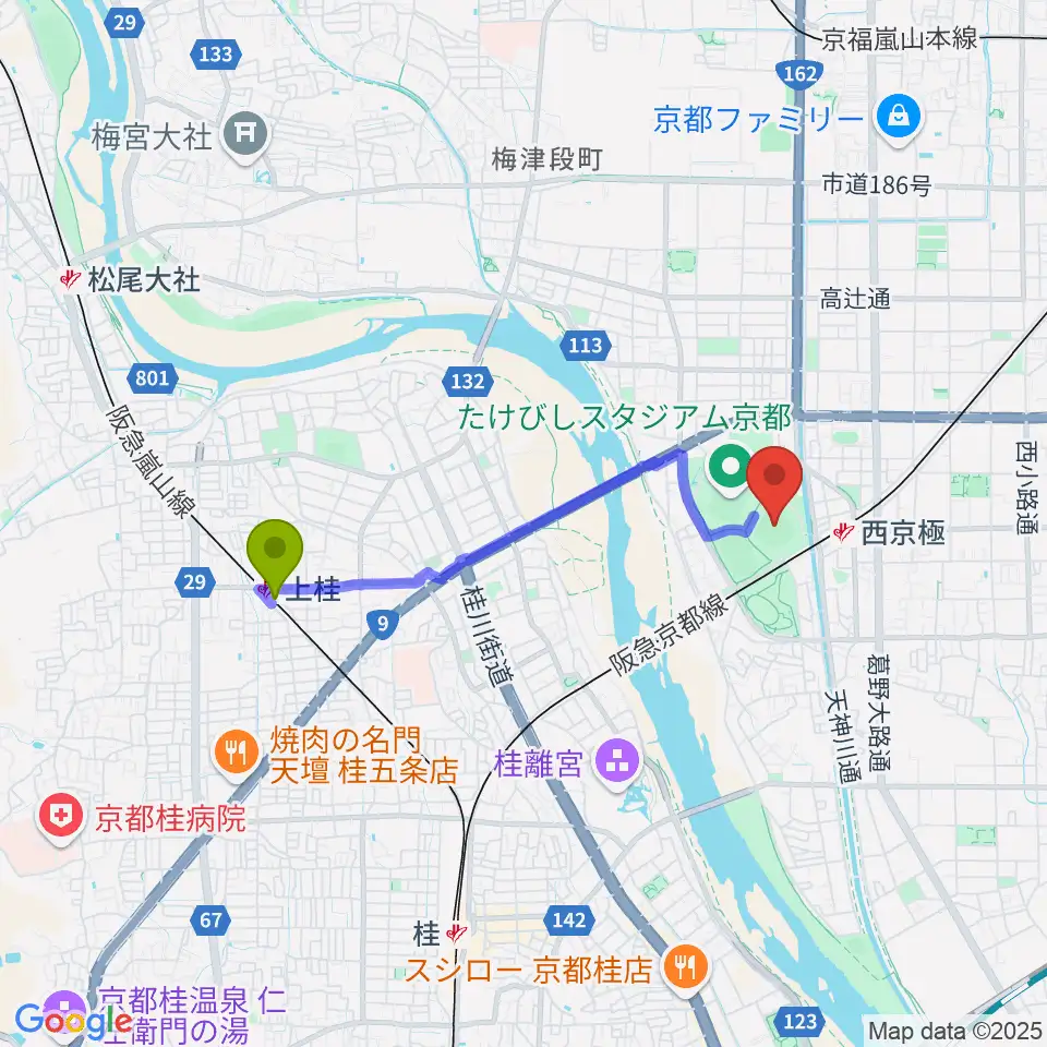 上桂駅からわかさスタジアム京都へのルートマップ地図