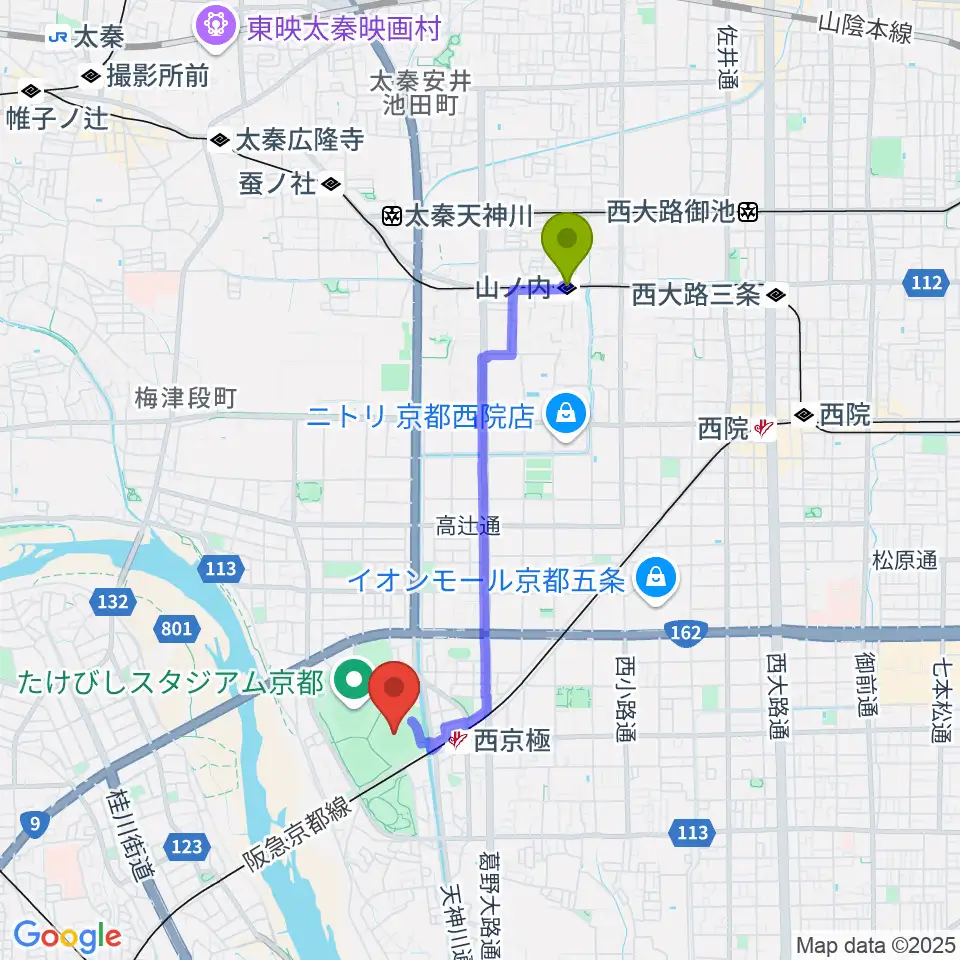 山ノ内駅からわかさスタジアム京都へのルートマップ地図