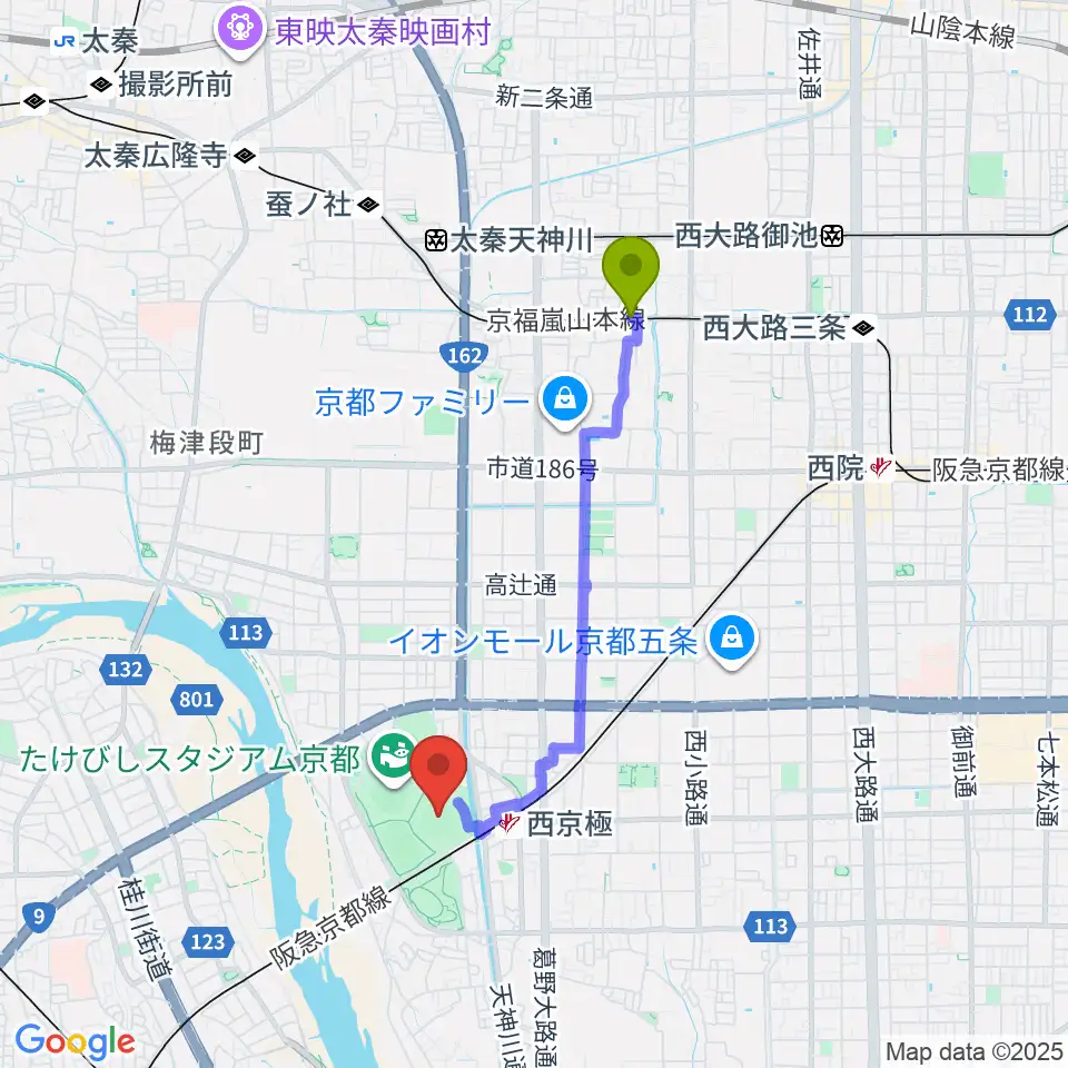 山ノ内駅からわかさスタジアム京都へのルートマップ地図