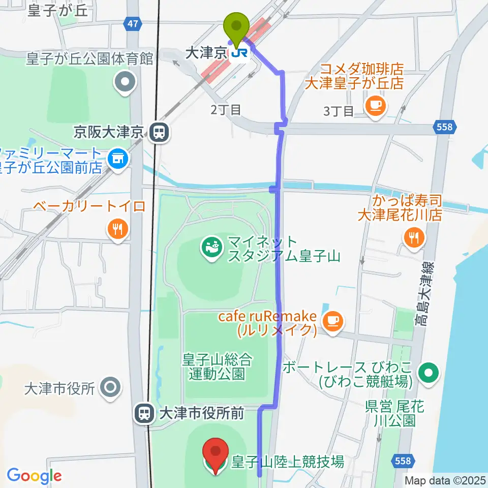 大津京駅から皇子山陸上競技場へのルートマップ地図