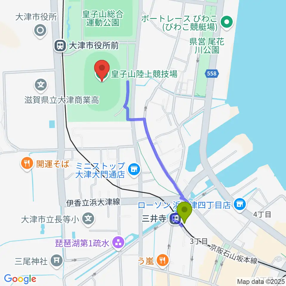 三井寺駅から皇子山陸上競技場へのルートマップ地図