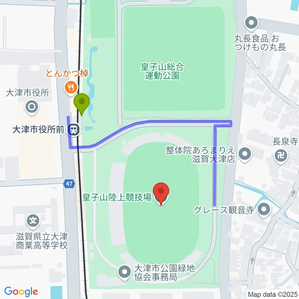 皇子山陸上競技場の最寄駅大津市役所前駅からの徒歩ルート（約3分）地図