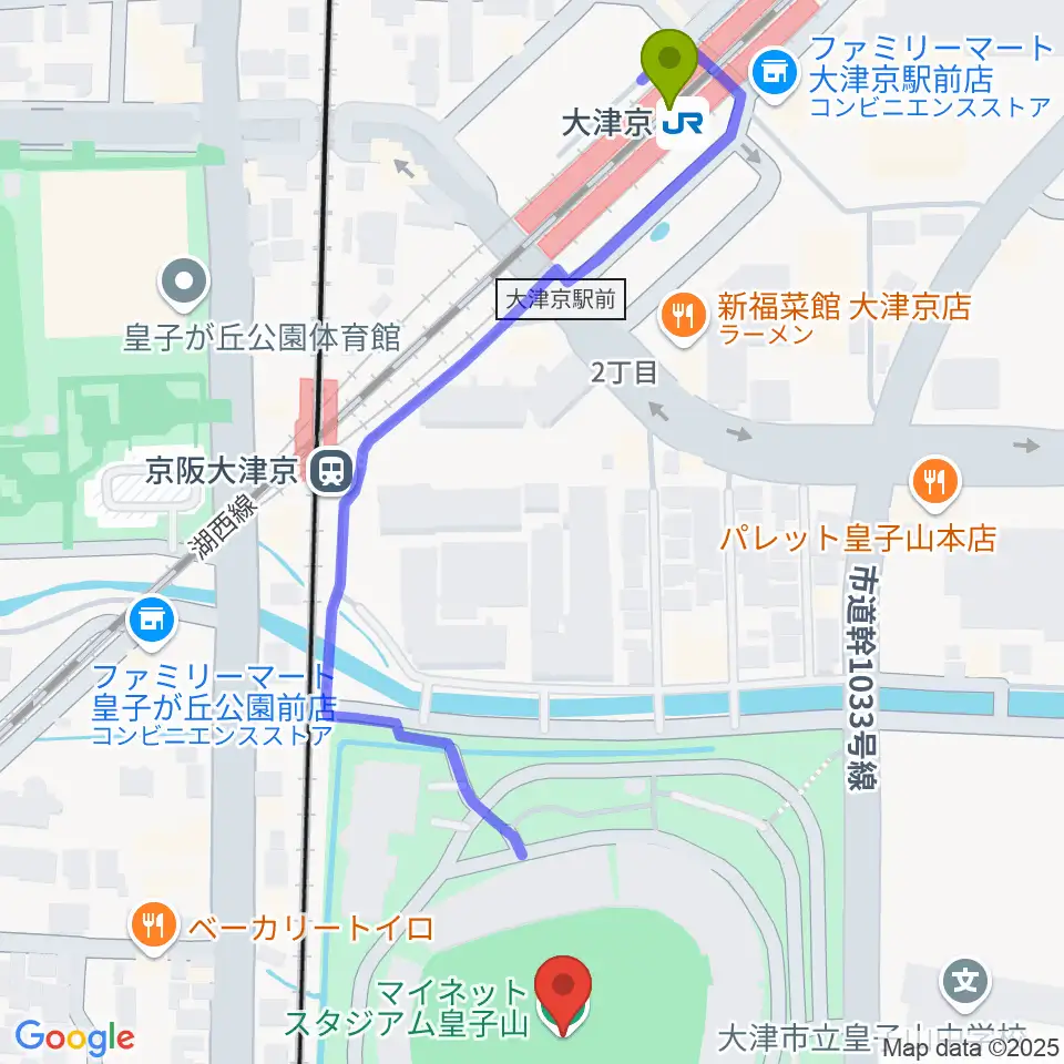 大津京駅からマイネットスタジアム皇子山へのルートマップ地図