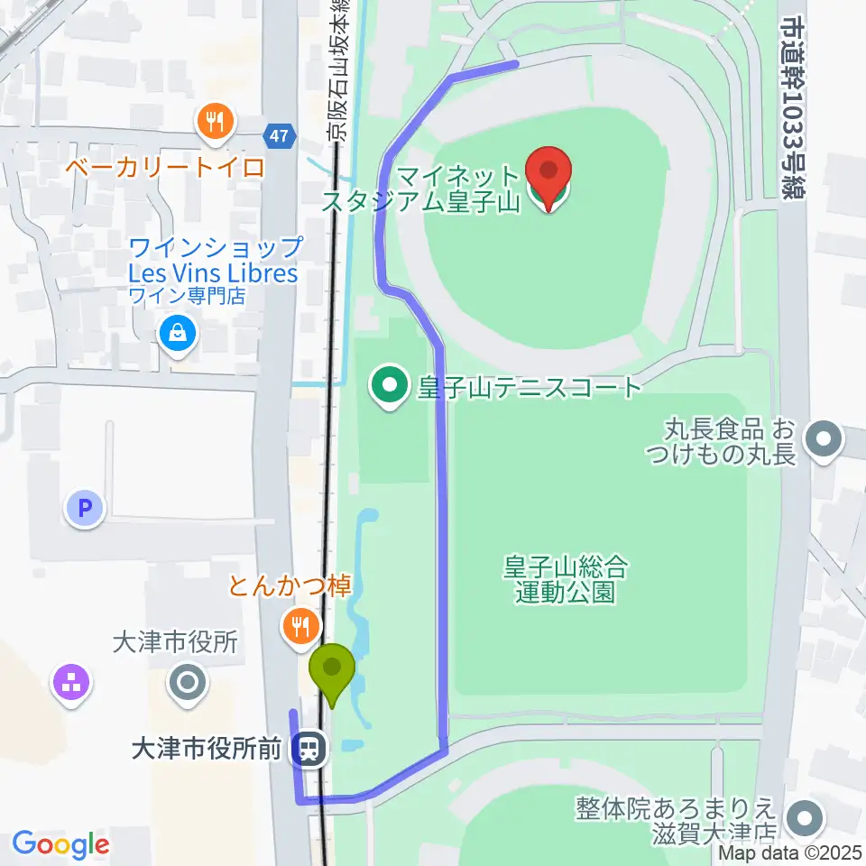 マイネットスタジアム皇子山の最寄駅大津市役所前駅からの徒歩ルート（約5分）地図