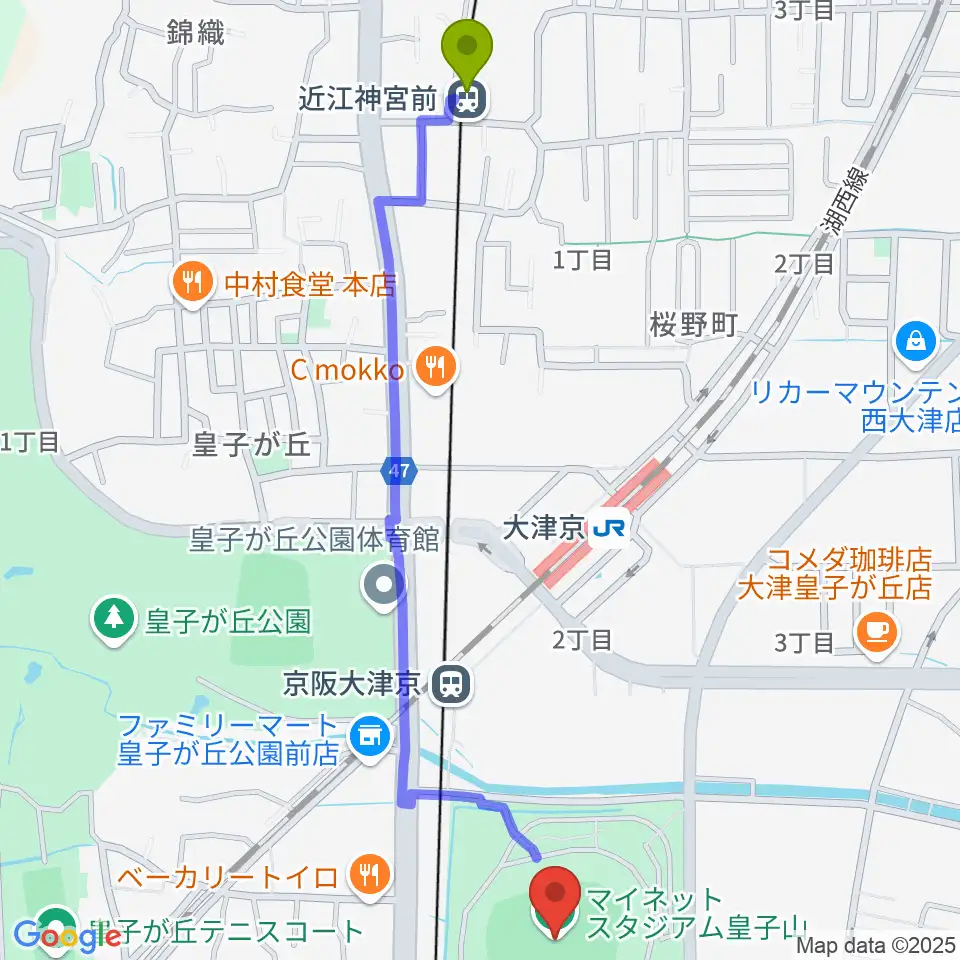 近江神宮前駅からマイネットスタジアム皇子山へのルートマップ地図