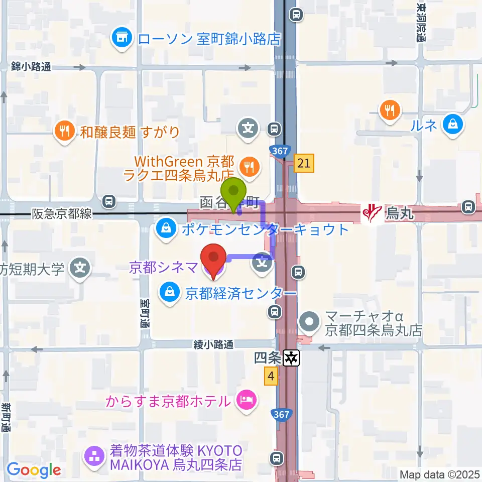 京都シネマの最寄駅烏丸駅からの徒歩ルート（約1分）地図