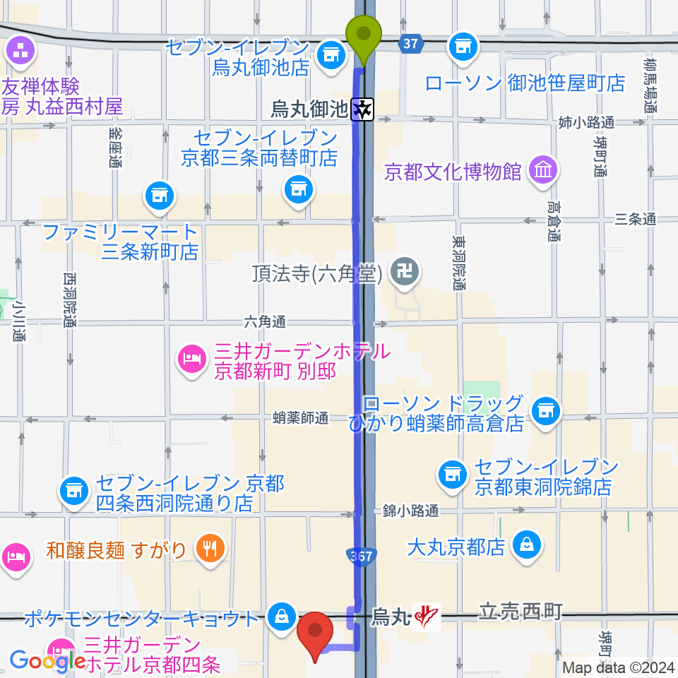 烏丸御池駅から京都シネマへのルートマップ地図