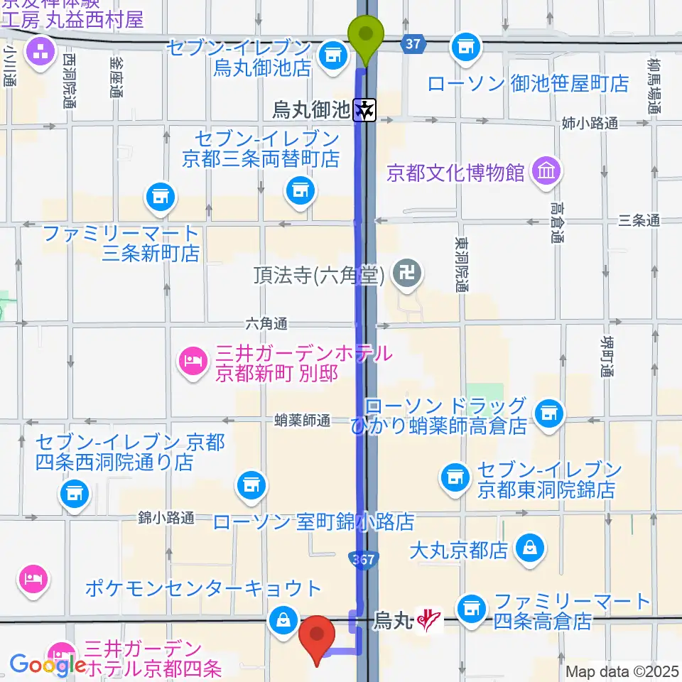 烏丸御池駅から京都シネマへのルートマップ地図