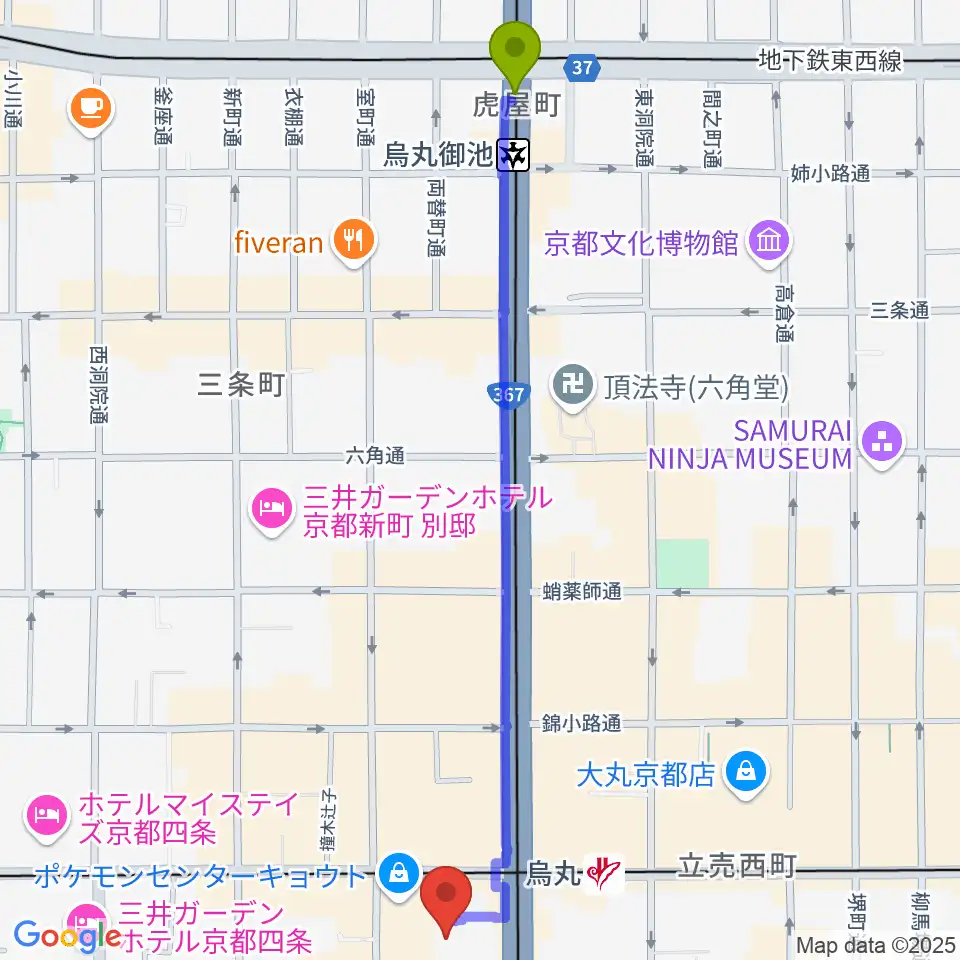 烏丸御池駅から京都シネマへのルートマップ地図