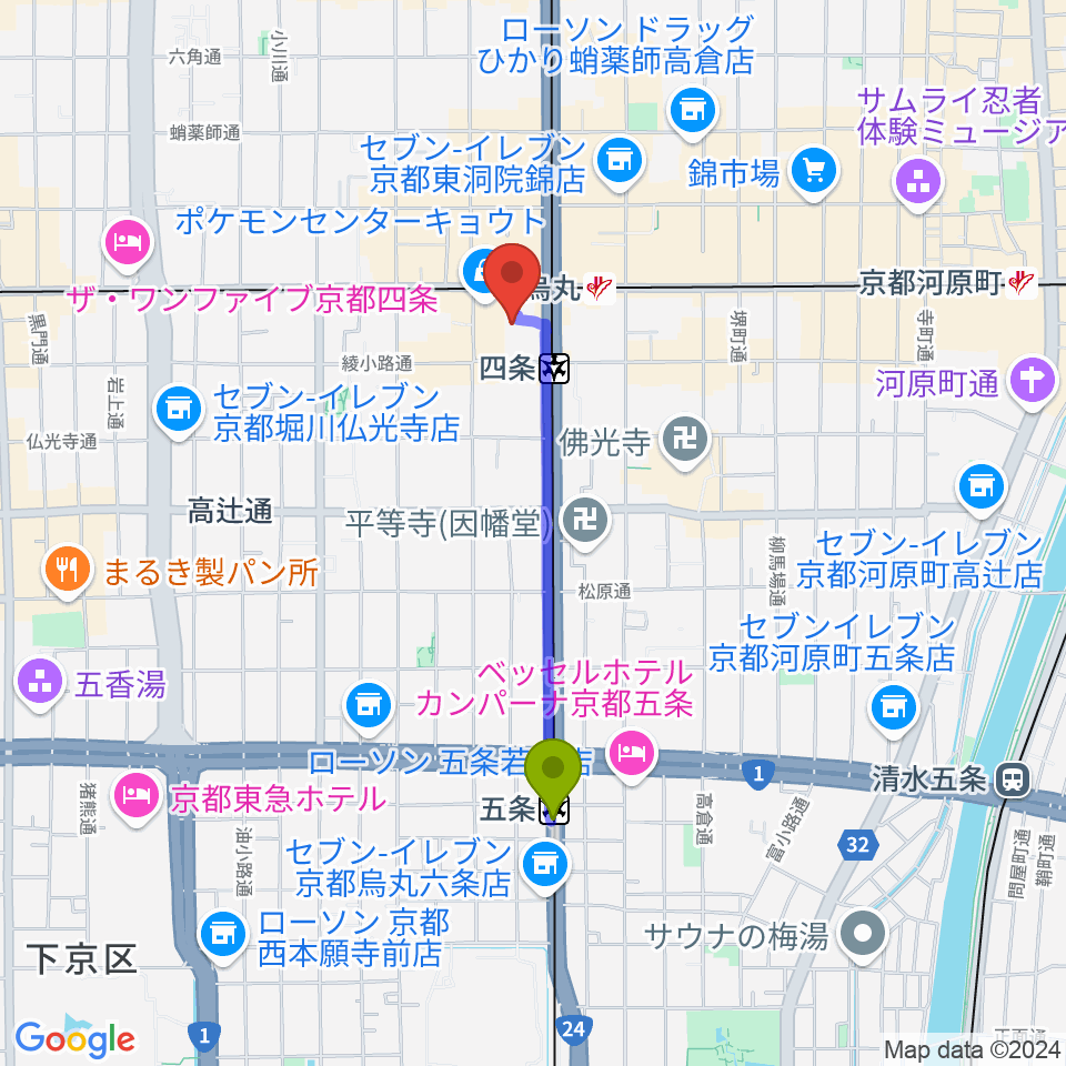 五条駅から京都シネマへのルートマップ地図