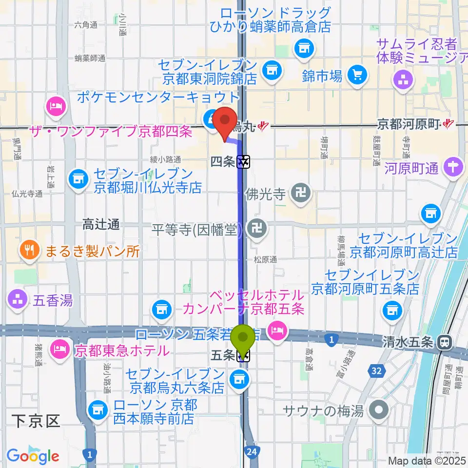 五条駅から京都シネマへのルートマップ地図