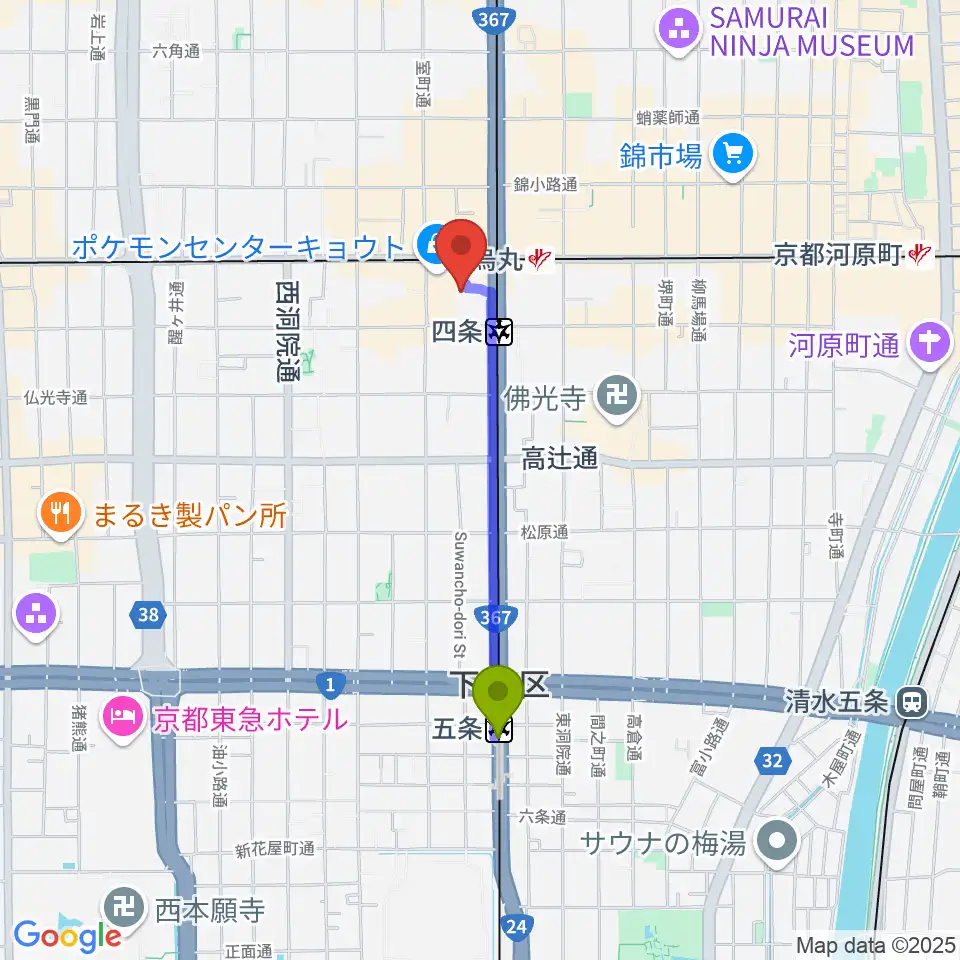 五条駅から京都シネマへのルートマップ地図