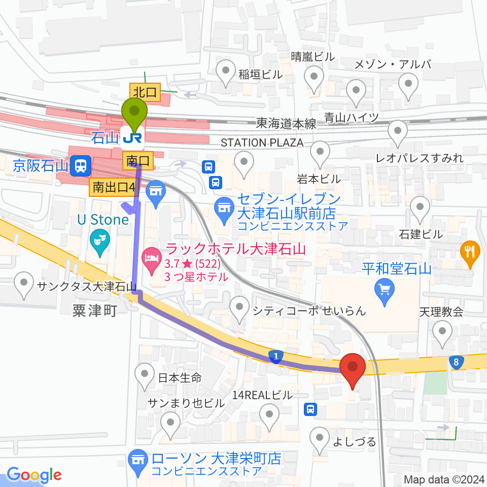 アンネの音楽教室の最寄駅石山駅からの徒歩ルート（約5分）地図