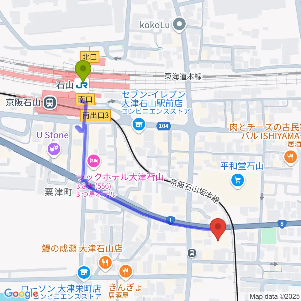 アンネの音楽教室の最寄駅石山駅からの徒歩ルート（約5分）地図