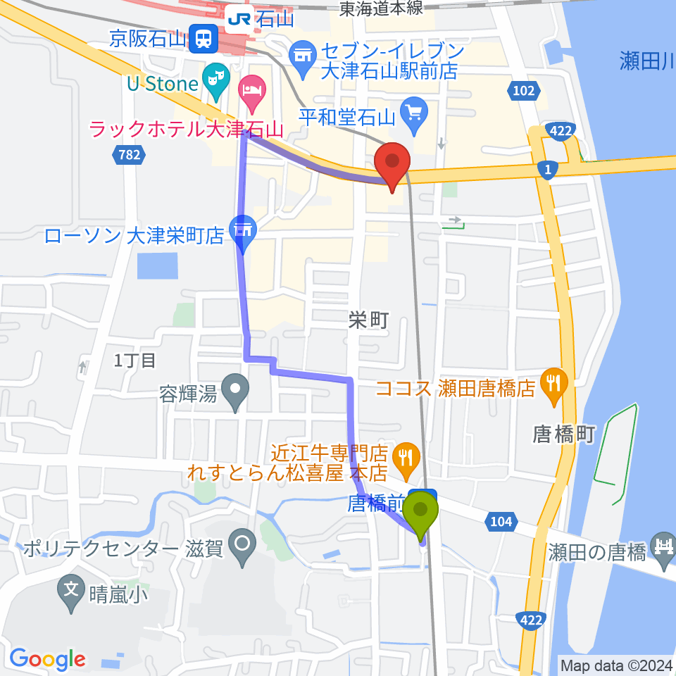 唐橋前駅からアンネの音楽教室へのルートマップ地図
