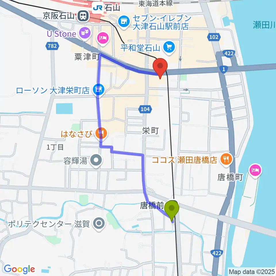 唐橋前駅からアンネの音楽教室へのルートマップ地図