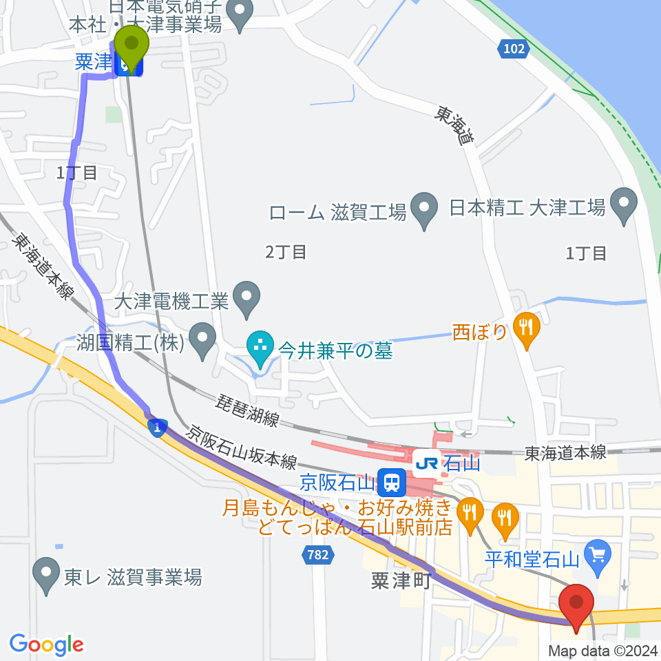 粟津駅からアンネの音楽教室へのルートマップ地図