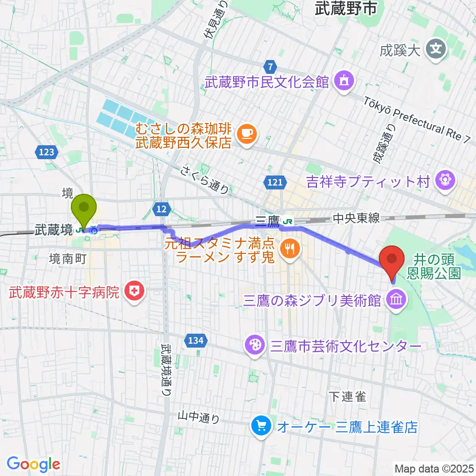 武蔵境駅から吉祥寺NEPOへのルートマップ地図