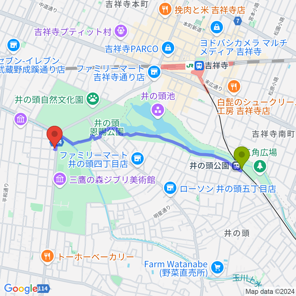 井の頭公園駅から吉祥寺NEPOへのルートマップ地図