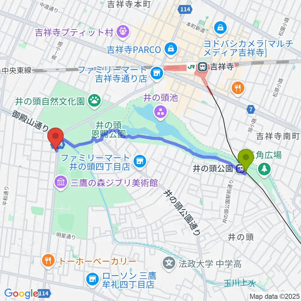 井の頭公園駅から吉祥寺NEPOへのルートマップ地図