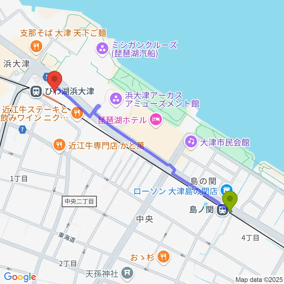 島ノ関駅からスカイプラザ浜大津へのルートマップ地図