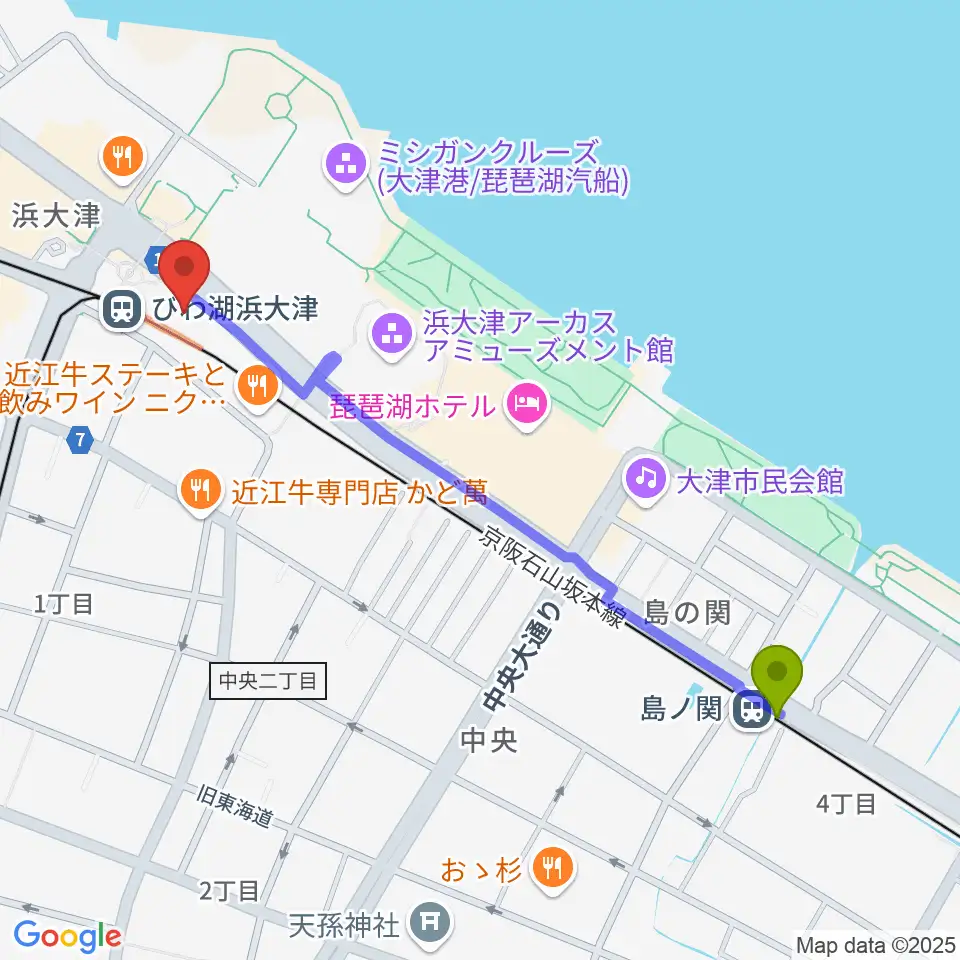 島ノ関駅からスカイプラザ浜大津へのルートマップ地図