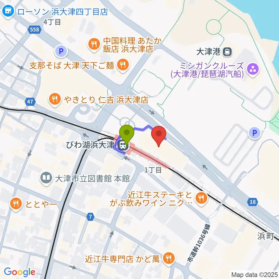 スカイプラザ浜大津の最寄駅びわ湖浜大津駅からの徒歩ルート（約1分）地図