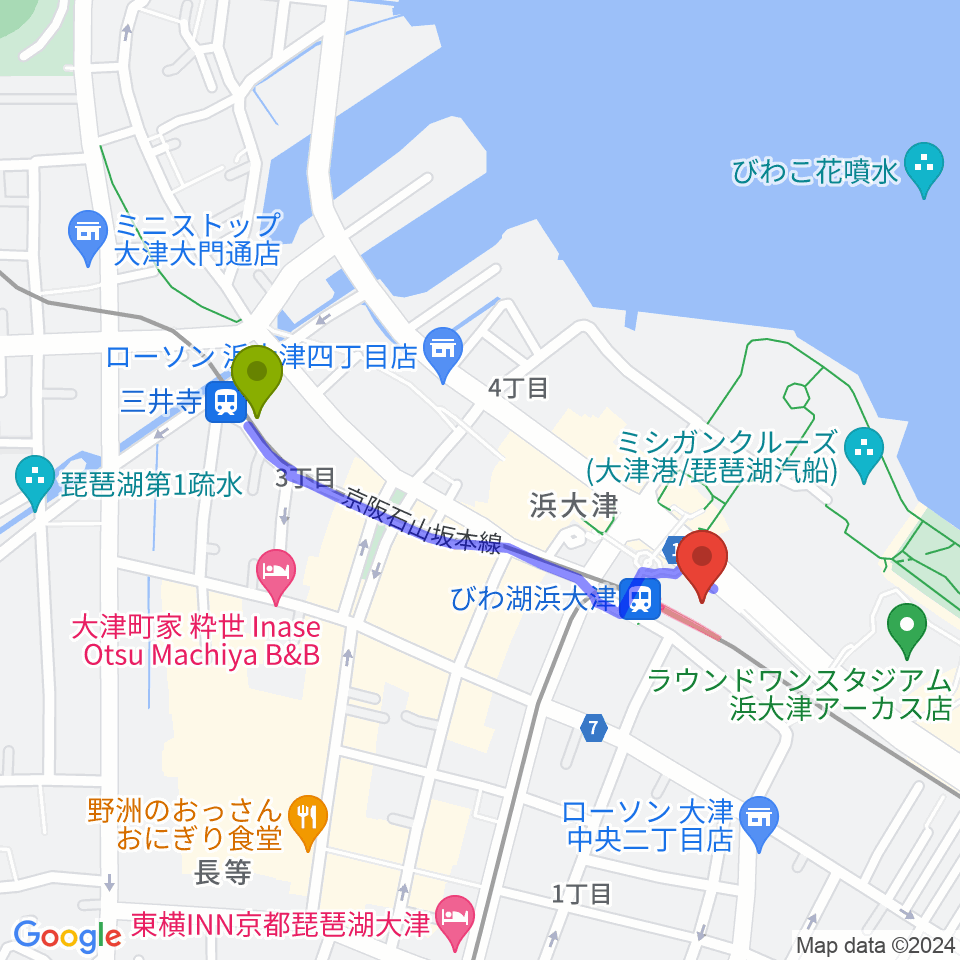 三井寺駅からスカイプラザ浜大津へのルートマップ地図