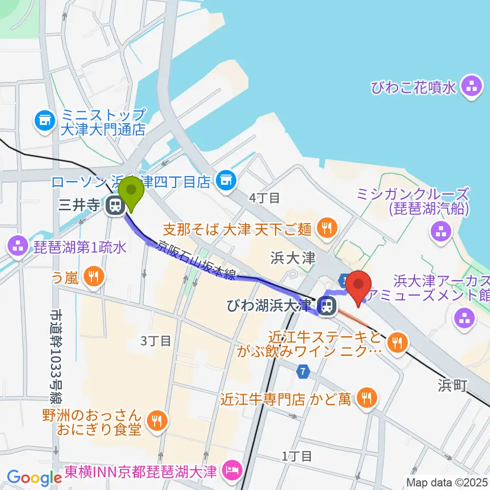 三井寺駅からスカイプラザ浜大津へのルートマップ地図