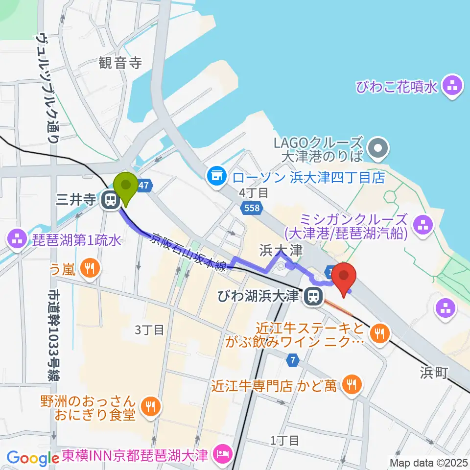 三井寺駅からスカイプラザ浜大津へのルートマップ地図