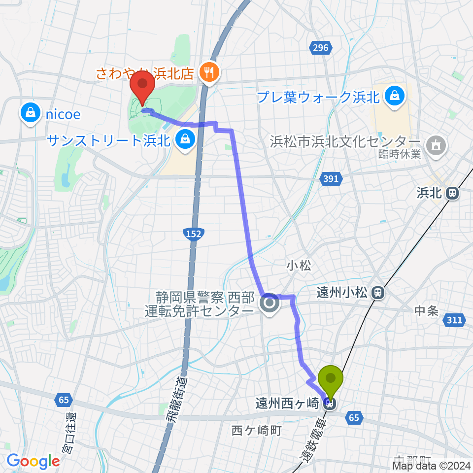 遠州西ヶ崎駅からサーラグリーンアリーナへのルートマップ地図