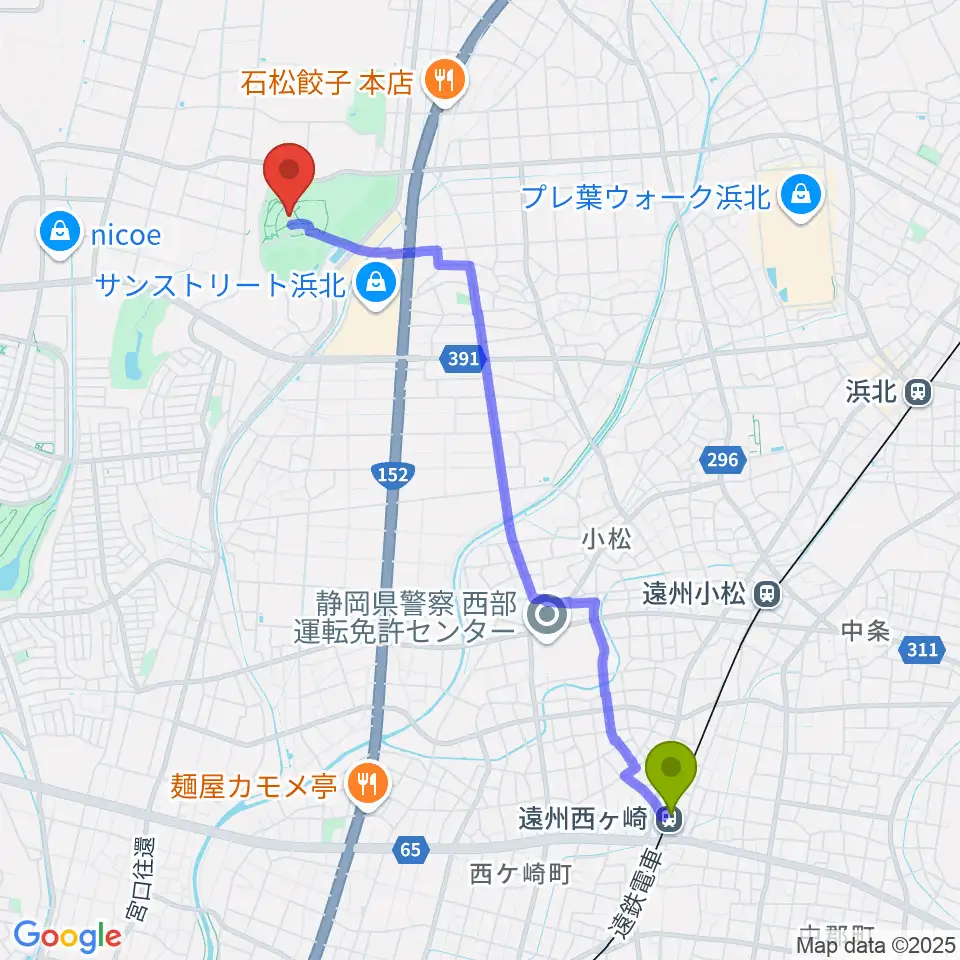 遠州西ヶ崎駅からサーラグリーンアリーナへのルートマップ地図