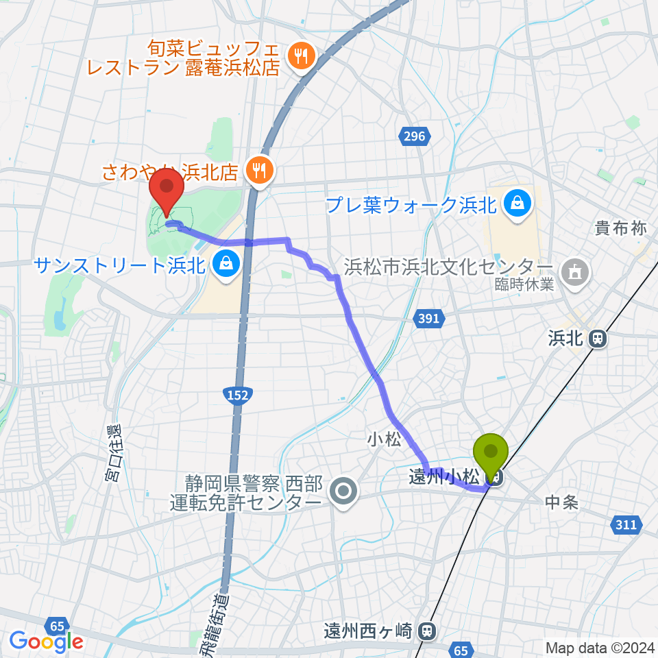 サーラグリーンアリーナの最寄駅遠州小松駅からの徒歩ルート（約40分）地図