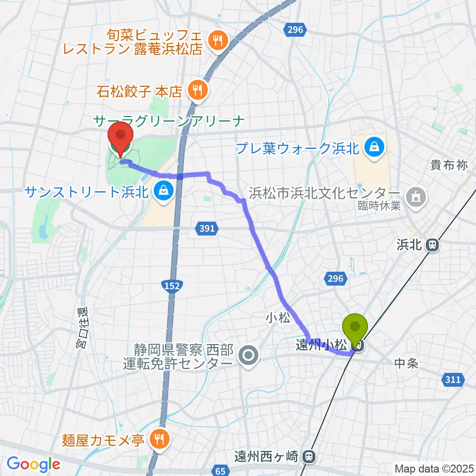 サーラグリーンアリーナの最寄駅遠州小松駅からの徒歩ルート（約40分）地図