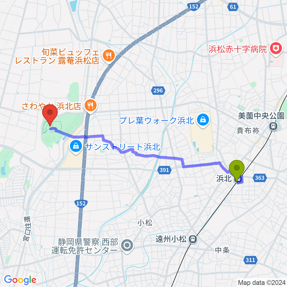 浜北駅からサーラグリーンアリーナへのルートマップ地図