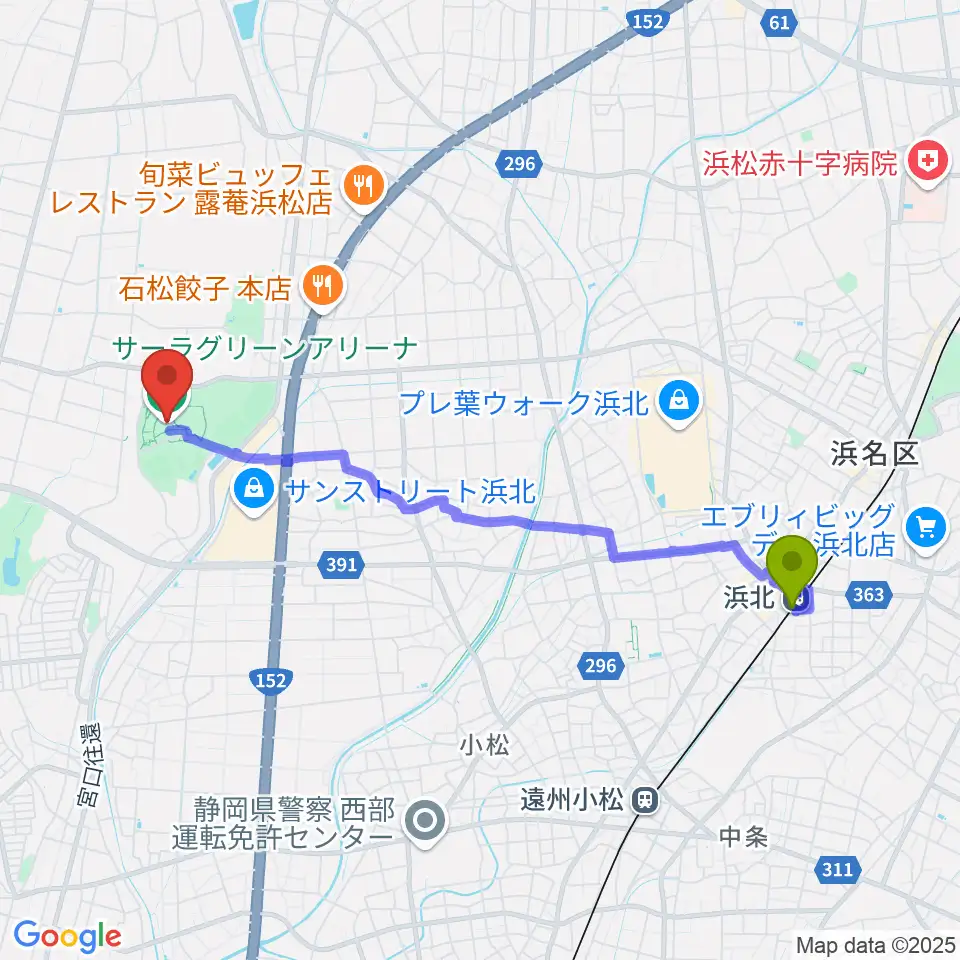 浜北駅からサーラグリーンアリーナへのルートマップ地図