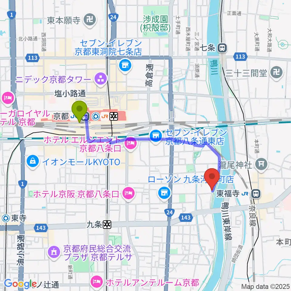 京都駅からTheatre E9 Kyotoへのルートマップ地図