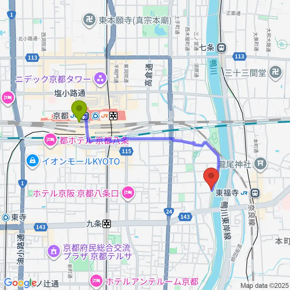 京都駅からTheatre E9 Kyotoへのルートマップ地図