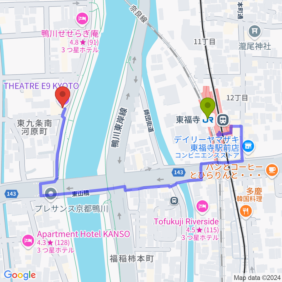 Theatre E9 Kyotoの最寄駅東福寺駅からの徒歩ルート（約4分）地図