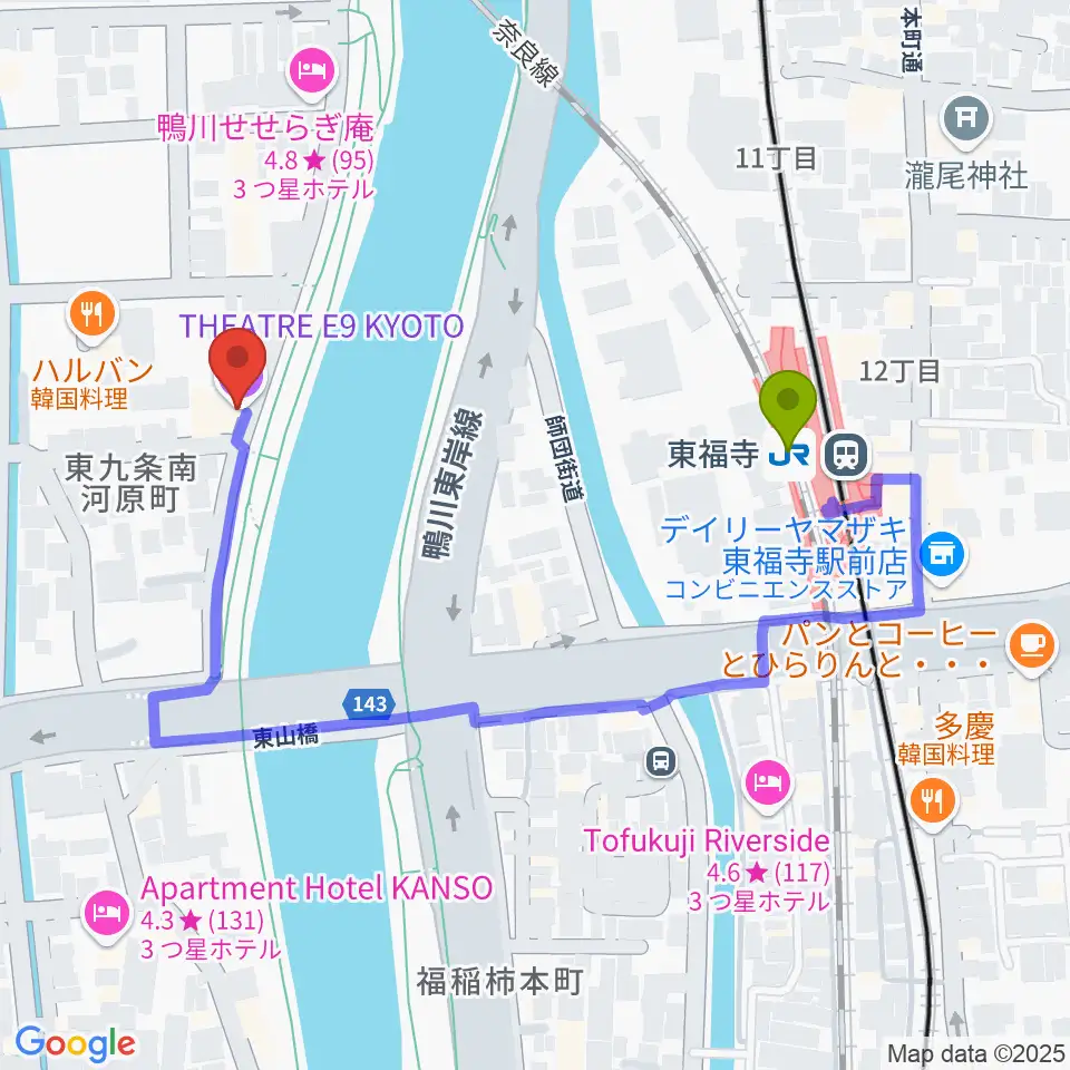 Theatre E9 Kyotoの最寄駅東福寺駅からの徒歩ルート（約4分）地図