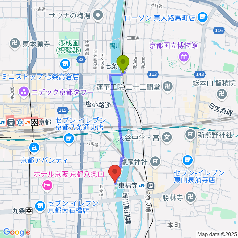 七条駅からTheatre E9 Kyotoへのルートマップ地図