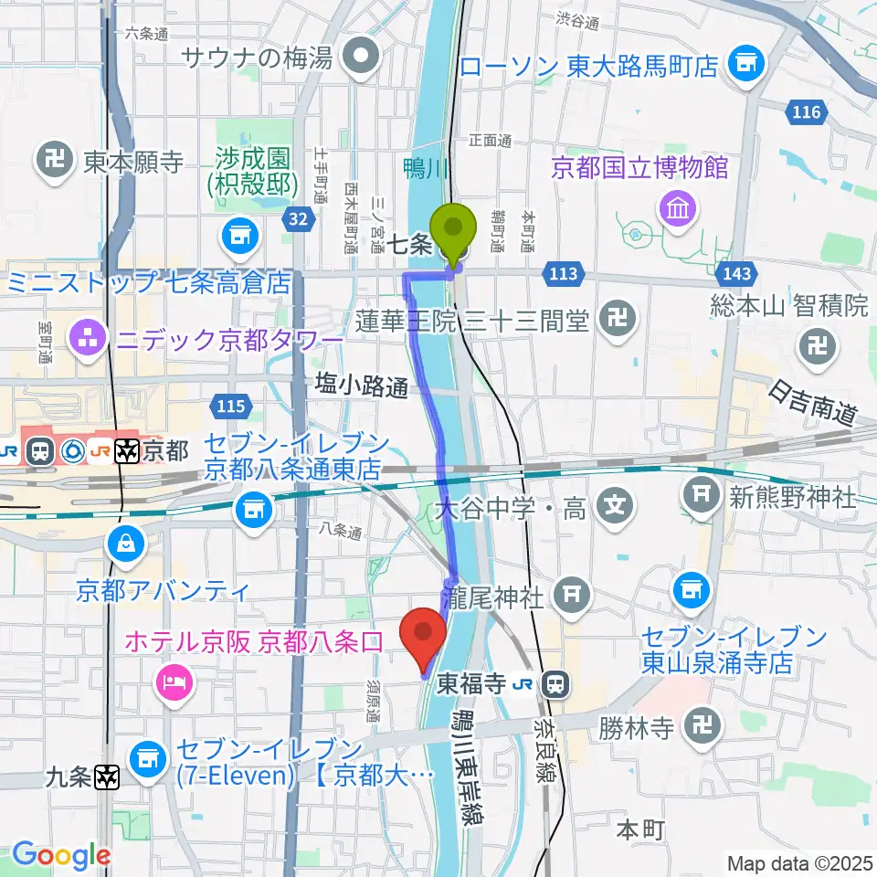 七条駅からTheatre E9 Kyotoへのルートマップ地図