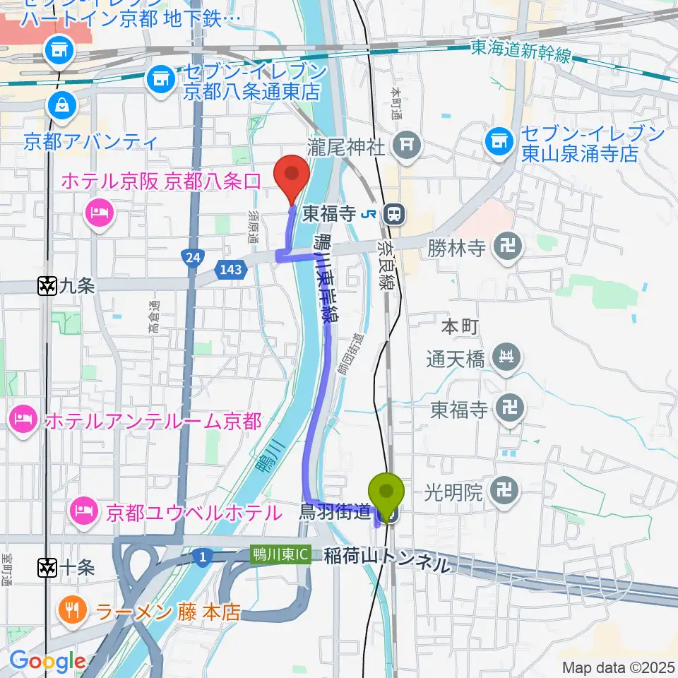 鳥羽街道駅からTheatre E9 Kyotoへのルートマップ地図