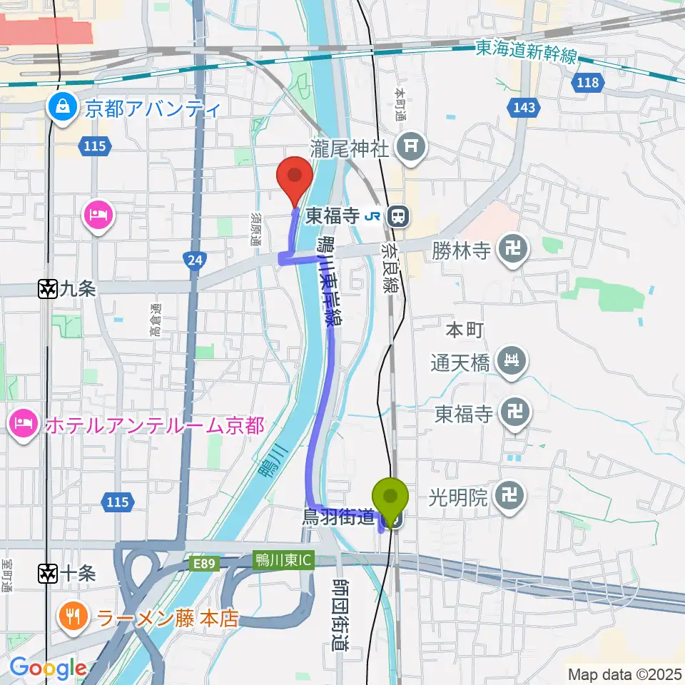 鳥羽街道駅からTheatre E9 Kyotoへのルートマップ地図