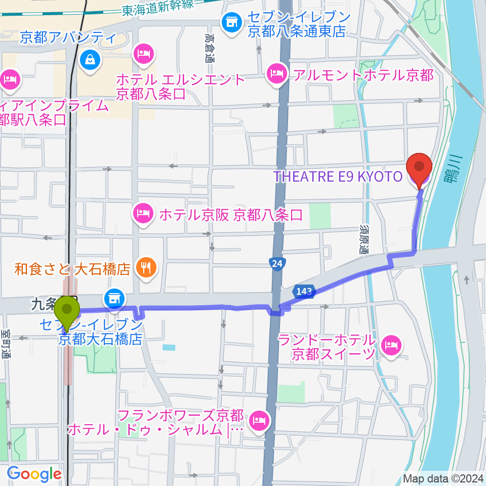 九条駅からTheatre E9 Kyotoへのルートマップ地図