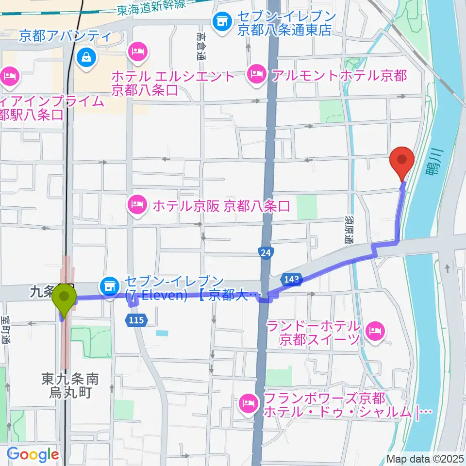 九条駅からTheatre E9 Kyotoへのルートマップ地図