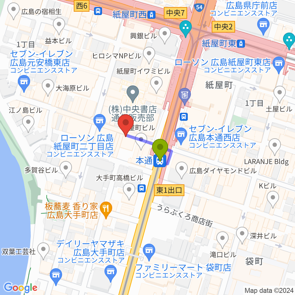 広島Yiseの最寄駅本通駅からの徒歩ルート（約1分）地図
